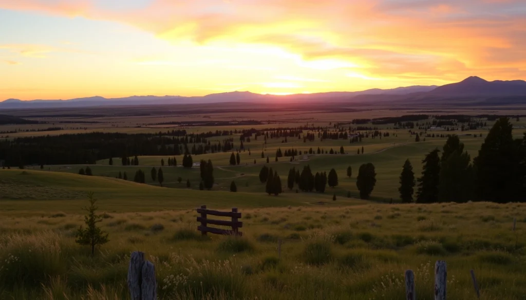 Panoramic view of Montana ranch landscape at sunset, reminiscent of Yellowstone scenery